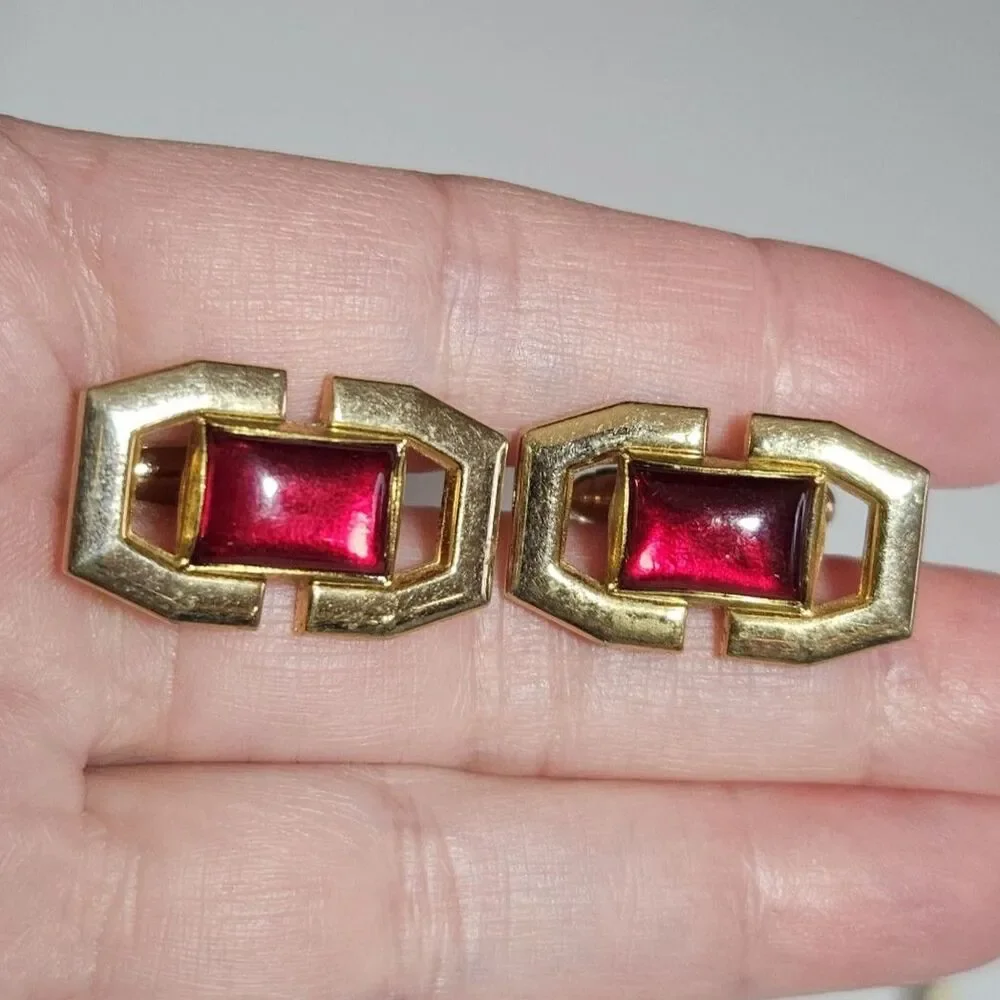 Anson Vintage Gold Tone Cufflinks with Rectangular Red Lucite